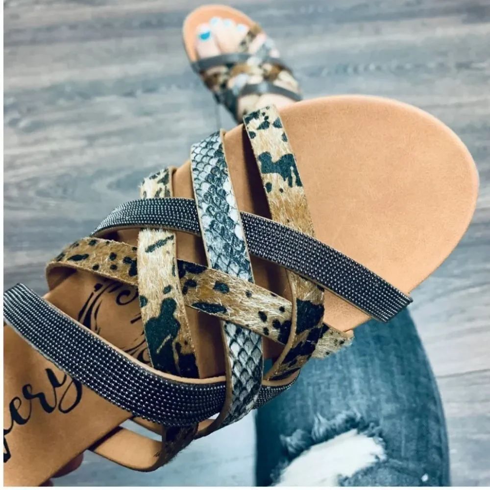 VERY G GISELLE SANDALS IN TAUPE LEOPARD & SNAKE